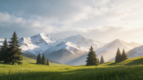 雪山草甸松树日光美景