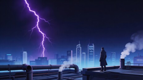 雷电下的城市屋顶夜景