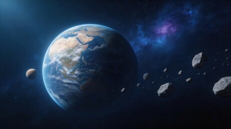 地球与小行星的太空景象