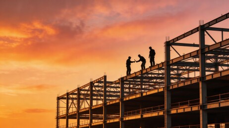 夕阳下建筑工地工人作业