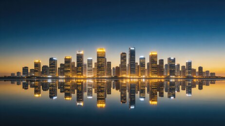 夜幕下的城市天际线与水面倒影