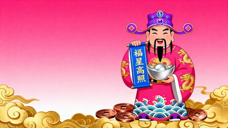 财神手持福星高照卷轴与金元宝