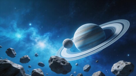土星环与小行星带的宇宙景象