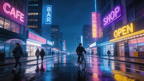 雨夜霓虹街景行人与骑车人