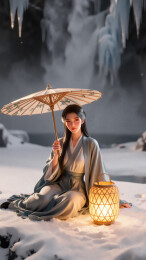 雪中持伞提灯的古风女子CG风
