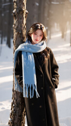 冬日雪林倚树穿大衣的女孩CG风