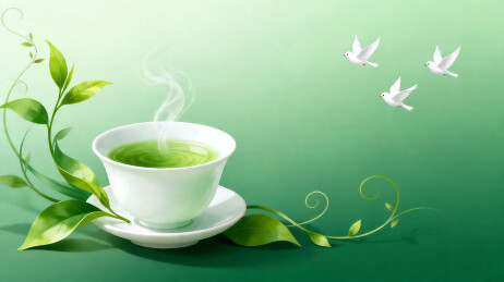 茶杯绿叶飞鸟静谧画面