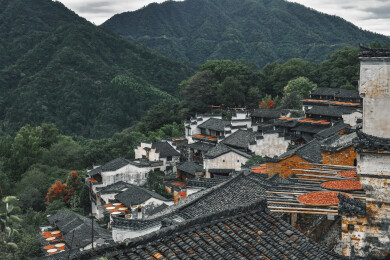 江西婺源篁岭徽派古村晒秋民俗全景风光