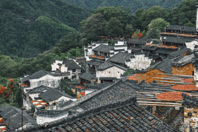 江西婺源篁岭徽派古村晒秋民俗全景风光