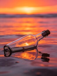 海中漂流瓶与夕阳
