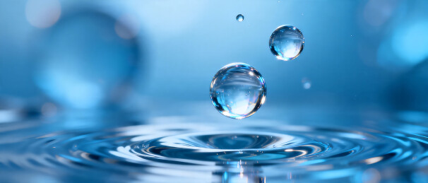 蓝色水滴悬浮水面涟漪