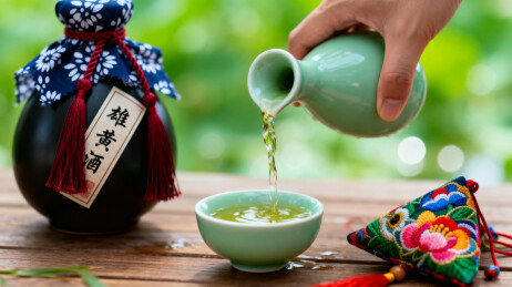 传统酒壶倾倒美酒入杯