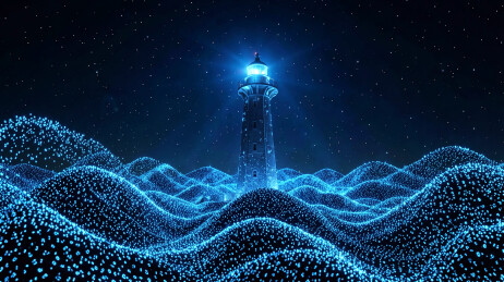 夜晚海岸灯塔璀璨星辰映照