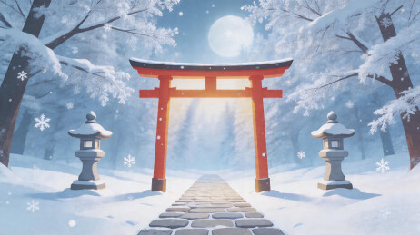 雪中神社鸟居与石灯