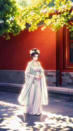 身着襦裙女子在红墙庭院静立插画