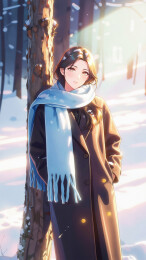 冬日雪林倚树穿大衣的女孩插画