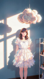 穿白裙少女在蓝墙卧室沐浴阳光插画