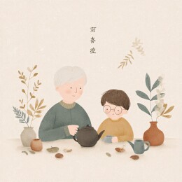 祖孙温馨饮茶场景插画