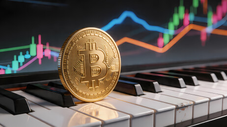 金色比特币与钢琴键盘