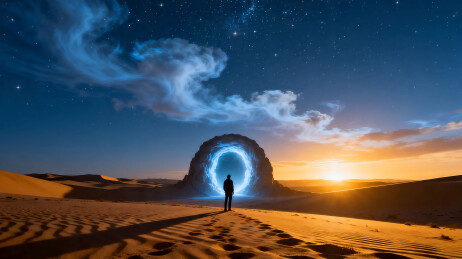 沙漠星空下的神秘光门