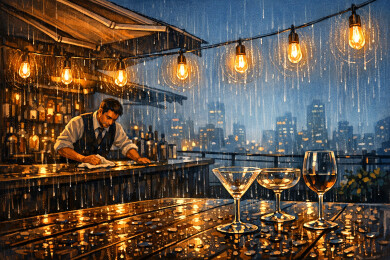雨夜酒吧露台