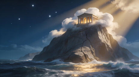夜海孤峰星辉倾泻