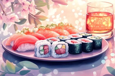 柔光下的寿司拼盘与冰镇清酒