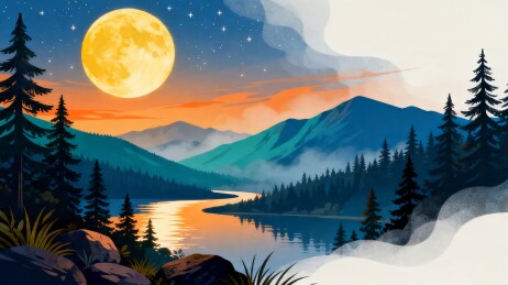 月夜山水风景插画背景