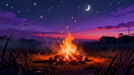 月夜篝火暮色治愈动漫主视觉