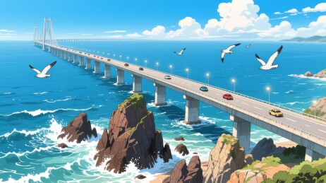 海上大桥飞鸟车辆图片