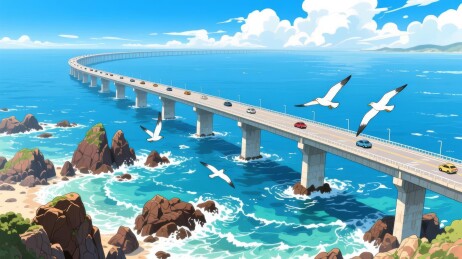 海上长桥飞鸟穿梭图片