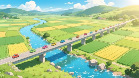 乡村桥梁车辆穿行田园风光