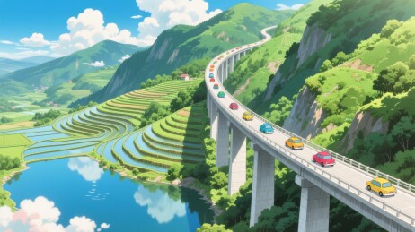 山间公路车辆穿行梯田风光