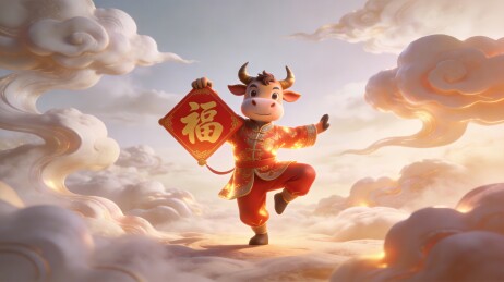 卡通牛手持福字装饰的喜庆节日场景