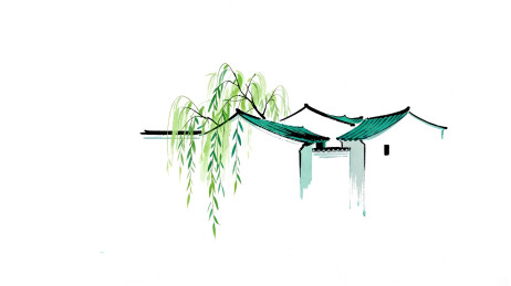 柳树与传统屋檐水墨画