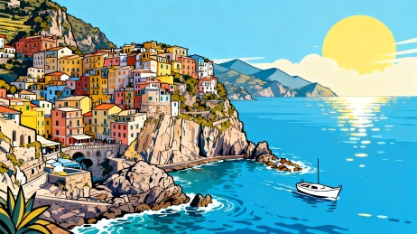 渔村滨海小镇插画背景