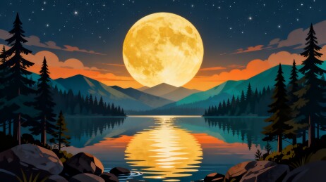 满月山湖夜景插画渐变主视觉