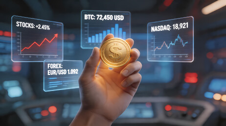 手握比特币科技屏显示金融数据