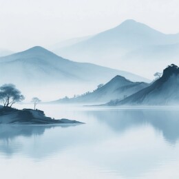 湖畔山雾朦胧静谧之景