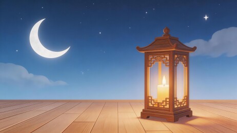 夜空下的古风灯笼与新月