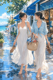 海边白裙漫步