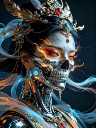 赛博国风机械骷髅女性艺术插画