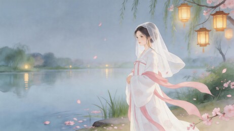 湖畔女子赏花灯
