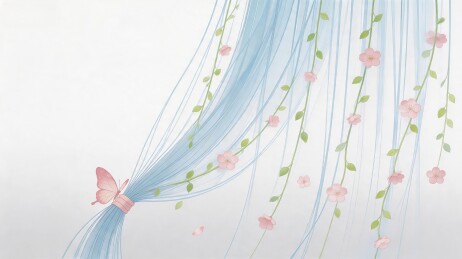 蓝色纱帘垂落粉花蝴蝶