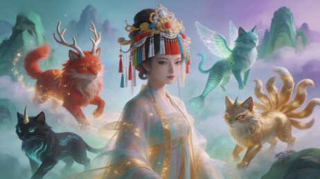 仙气女子与神兽共舞