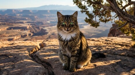 虎斑猫坐崖边凝视镜头荒漠峡谷背景