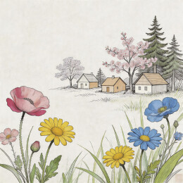 山间茅屋与花海