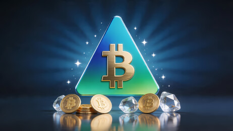 蓝色比特币符号环绕金银币