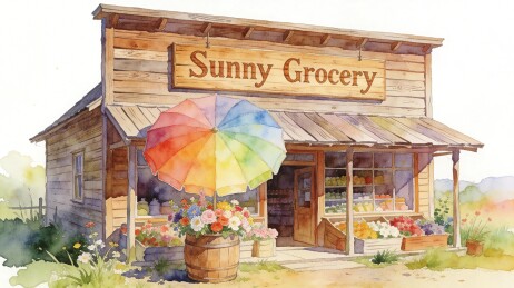 乡村木质杂货小店与彩虹遮阳伞插画