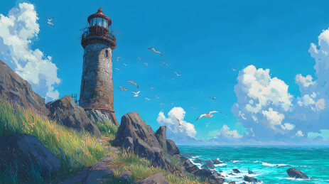 盛夏海边的旧灯塔